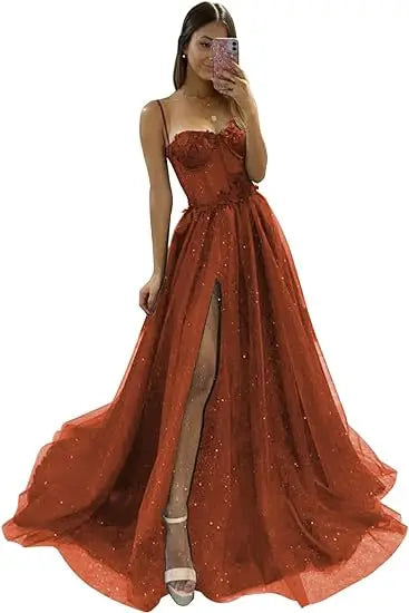 Glitter Tulle Ruffled Prom Dress Long Ball Gown Spaghetti Straps Lace Appliqued 3D Flower Slit Bridesmaid Dresses Cocktail party ShopOnlyDeal