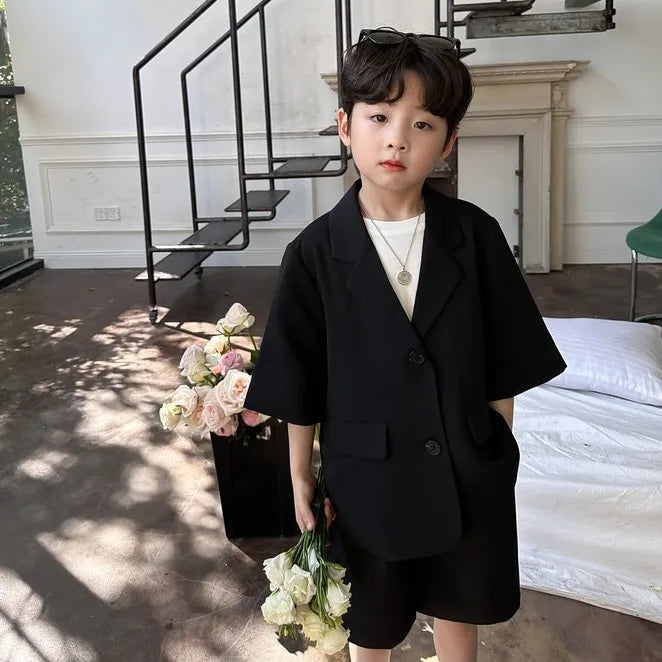 Boys' Blazer Suit Set | Thin Casual Korean-Style | Black Short Sleeve Coat + Shorts | High-Quality 2-Piece Ensemble ShopOnlyDeal