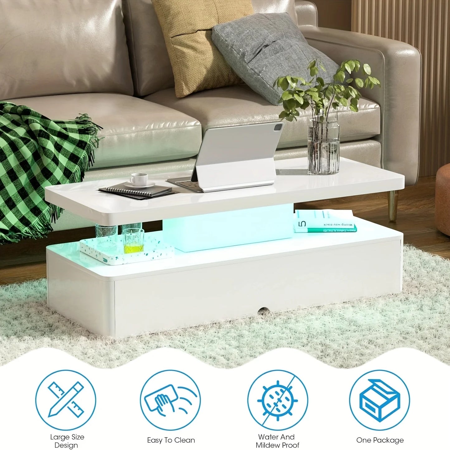 1pc, Modern Coffee Table With 16 Colors LED Lights, Double-Layer Design For Living Room, White ShopOnlyDeal