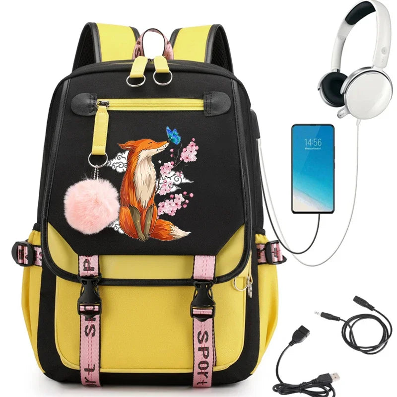 Fox Anime Backpack | Kawaii Girls School Bag with USB Port | Teenager Laptop Travel Backpacks | Mochila Style ShopOnlyDeal