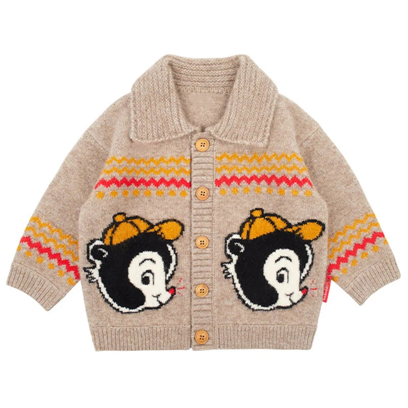 Autumn Winter 2024 New Boys Light Brown Knitted Cardigan Sweater Girls Flower Red Pullover Knitted Sweater Kids Warm Top ShopOnlyDeal