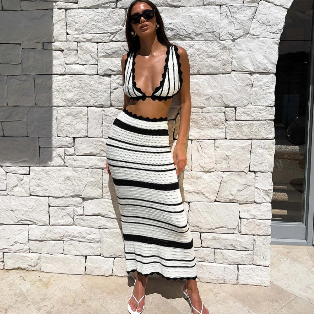 Summer Knitted Beach Skirt Sets Women Sexy Backless Slim Bohemian Outfits Fashion Striped Holiday Two Piece Set 2024 Beachwear ShopOnlyDeal