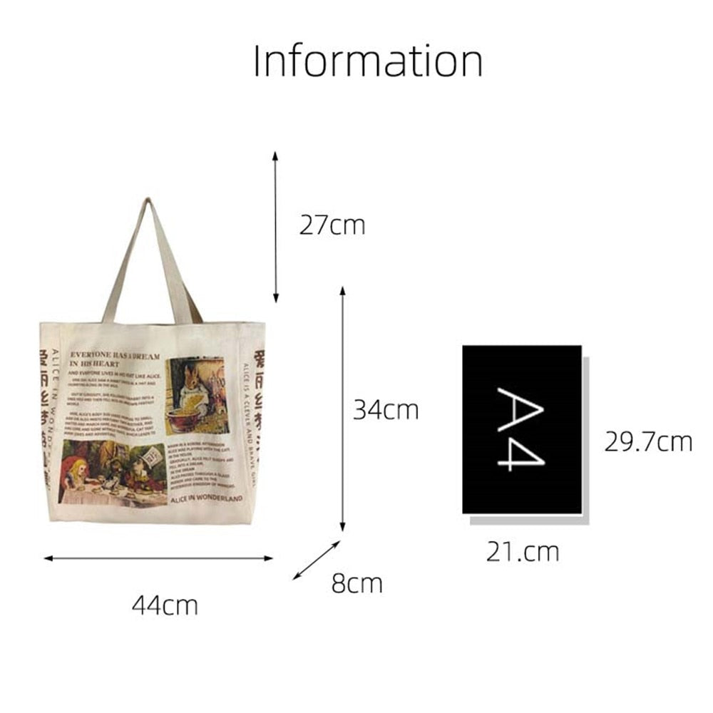 Women Canvas Shoulder Bag Alice In Wonderland Shopping Bags Students Book Bag Cotton Cloth Handbags Tote Bags for Girls Bolsos ShopOnlyDeal