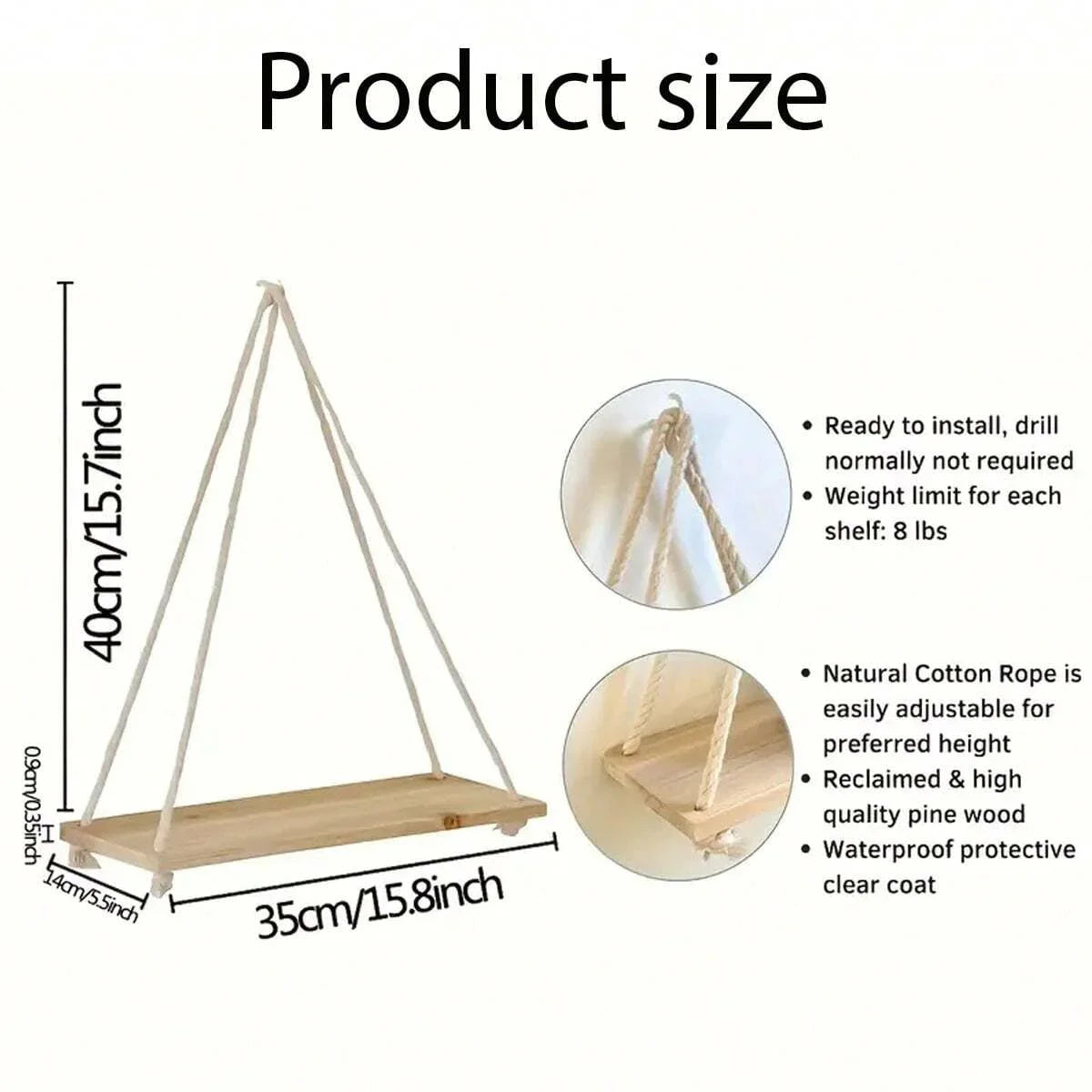 1PC Wooden Swing Hanging Hemp Rope Wall Shelve Mounted Floating Home Living Room Plant Flower Pot Tray Storage Garden Decoration ShopOnlyDeal