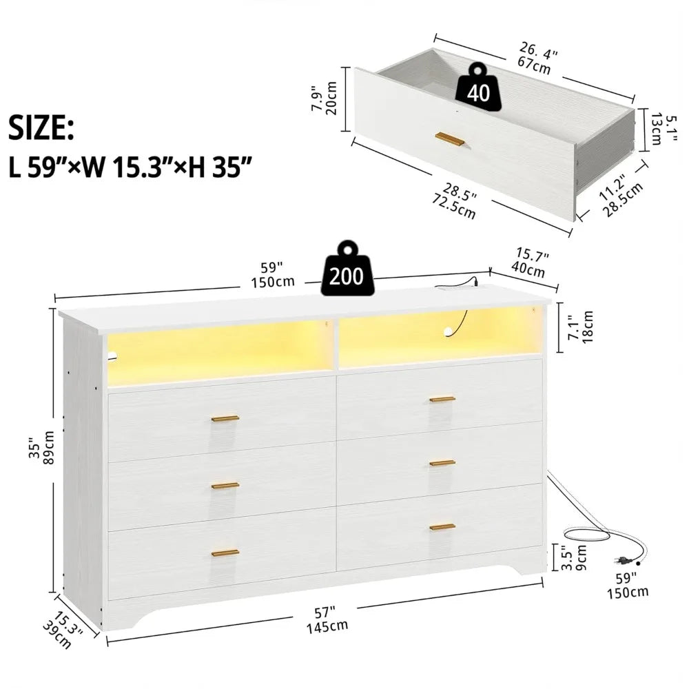 6 Drawer 59" White Dresser with LED and Power Strip, Dressers & Chests of Drawers with Storage Cabinet for Bedroom Living Room ShopOnlyDeal