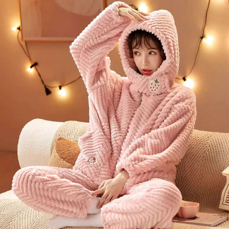 Pajama Lady Autumn/Winter Flannel  Fleece Thick Nightgown Long Lovely Coral Fleece Homewear Set Can Be Worn Outside Comfortable ShopOnlyDeal