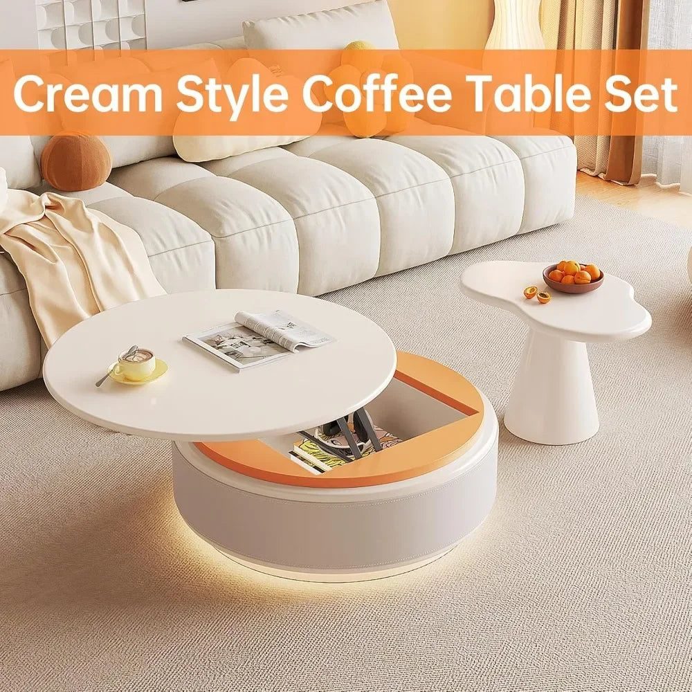 Coffee Table Set, LED Round Lift Top Tables with Small Side Tables, Coffee Table ShopOnlyDeal