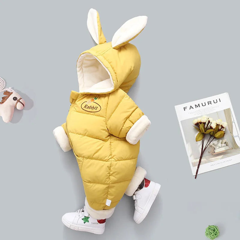 2024 Winter Baby Girls Rompers Plus Velvet Warm Hooded Infant Girl Snowsuit Cartoon Rabbit Ears Toddler Girls Overalls Clothes ShopOnlyDeal