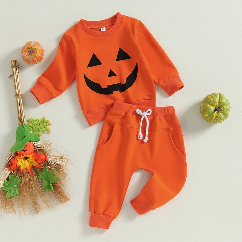 Halloween 0-4Years Toddler Boy Girl 2Pcs Halloween Outfits Long Sleeve Pumpkin Face Print T-Shirt Pocket Pants Set ShopOnlyDeal