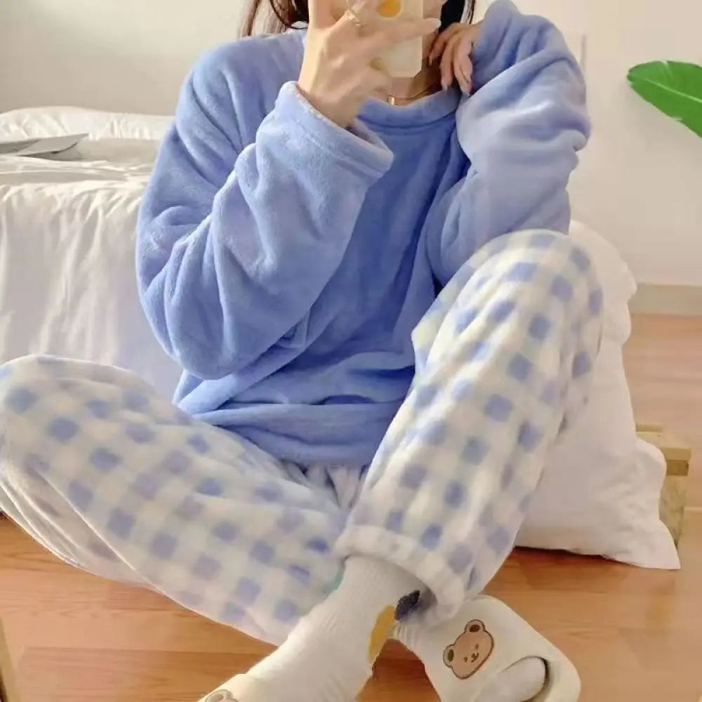 Fleece Thick Warm Women's Pajamas Set Winter Sleepwear Casual Solid Top and Plaid Pants Soft Pijamas Set for Women Home Suit ShopOnlyDeal