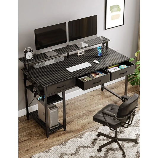 with Power Outlets&LED Light, 47 inch Home Office desk with 3 Drawers and Storage Shelves,Writing,Modern Work Desk,Carbon Black ShopOnlyDeal