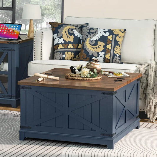 Coffee Table with Hidden Storage Organizer,Modern Square Large Center Table,Wood Farm House Low Navy Blue Living Room Tables wit ShopOnlyDeal