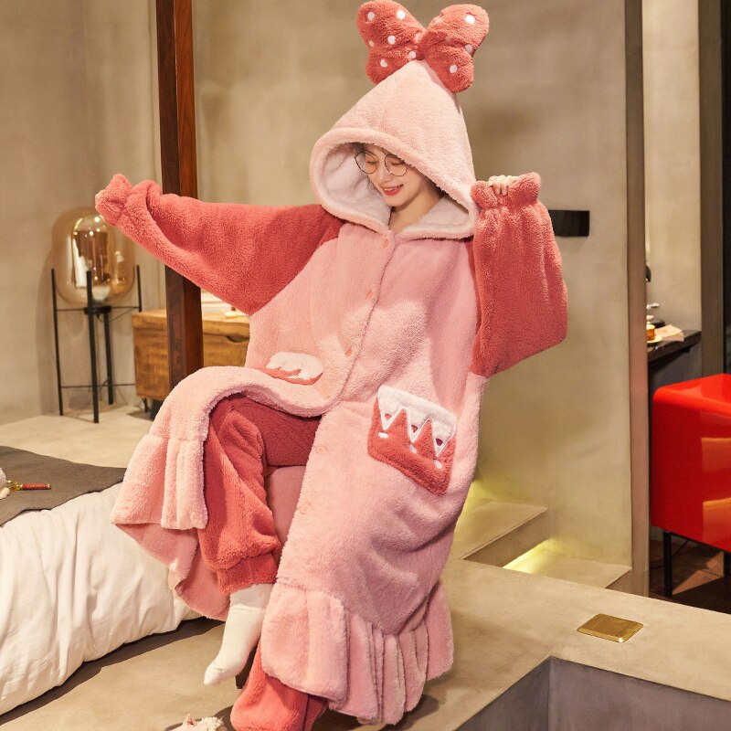 Kawaii Pajamas Women Warm Sweet Hooded Nightgown Winter Flannel Kawaii Home Clothes Female Cute Soft Chic Robes 2XL ShopOnlyDeal