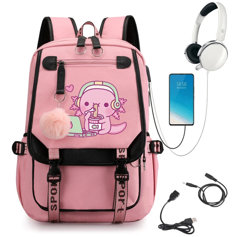 Cute Axolotl Loves Instant Noodles Backpack | Anime School Bag for Girls | Children and Teenager Female Schoolbag | Primary Bagpacks ShopOnlyDeal