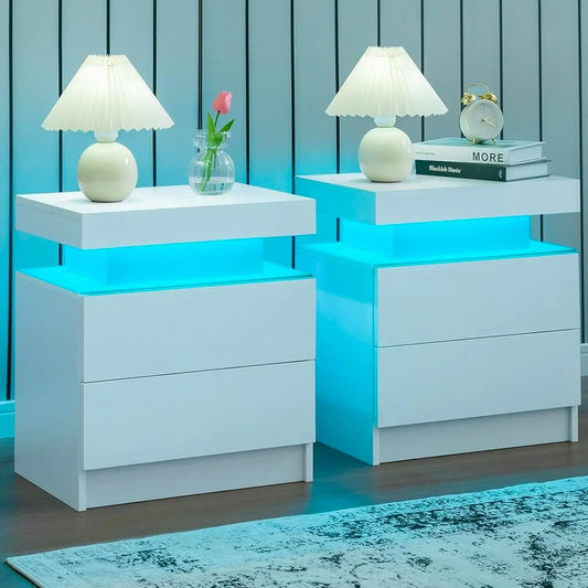 Nightstand Set of 2 LED Nightstand, Bedside Table with Drawers for Bedroom Furniture, Side Bed Table with LED Light, White ShopOnlyDeal