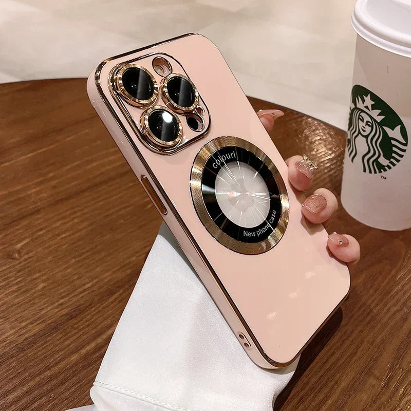 Luxury Plating Logo Hole Strong Magnetic Case For IPhone 15 14 13 12 11 Pro Max Plus Wireless Charging Magsafe Lens Film Cover ShopOnlyDeal