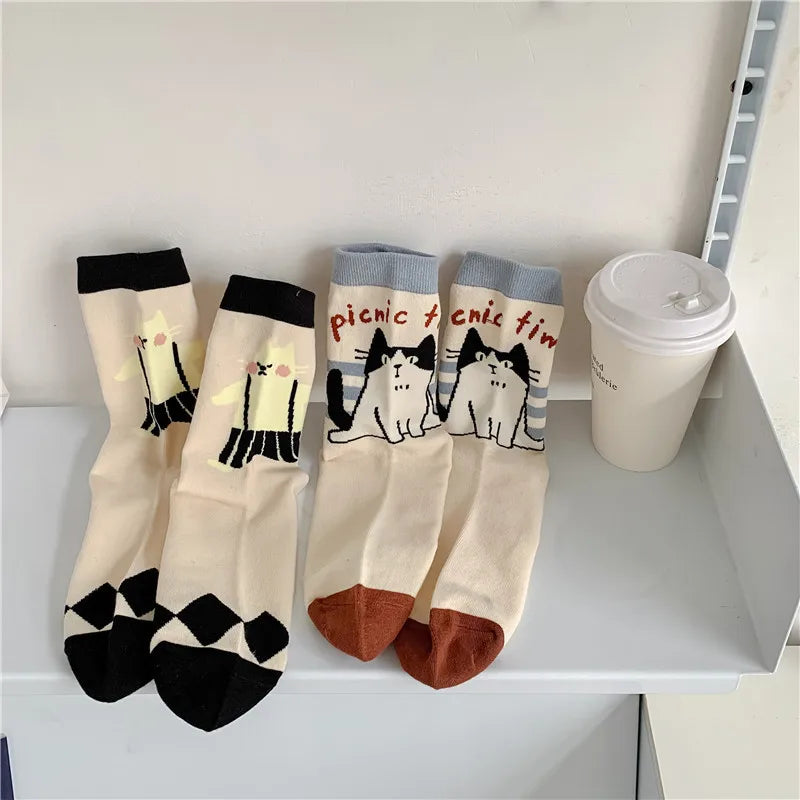 New Cotton Socks for Autumn Winter | Cute Kawaii Harajuku Street Cartoon Cat Mid-Tube Socks | Breathable Sweat Absorption Sports Student Socks ShopOnlyDeal