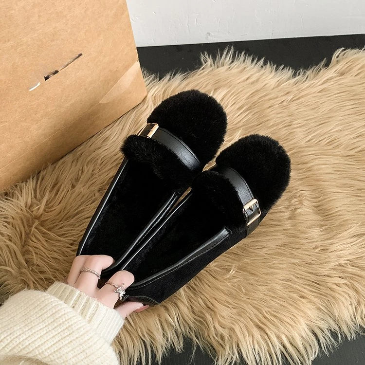 2024 Fluffy Mink Fur Moccasins Woman Belt Buckle Loafers Furry Shoes Ladies Winter Cotton Flats Mujer Daily Shoes Barefoot Boots ShopOnlyDeal