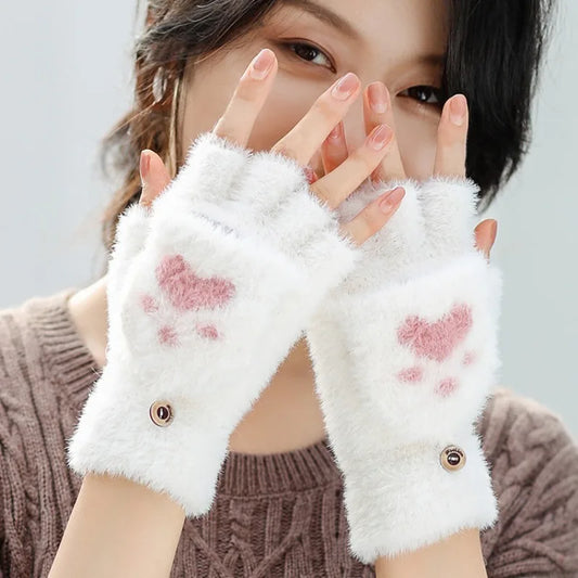 Thicken Women Warm Cat Gloves Fashion Girls Cat Claw Paw Plush Mittens Soft Plush Short Fingerless Half Finger Winter Gloves ShopOnlyDeal