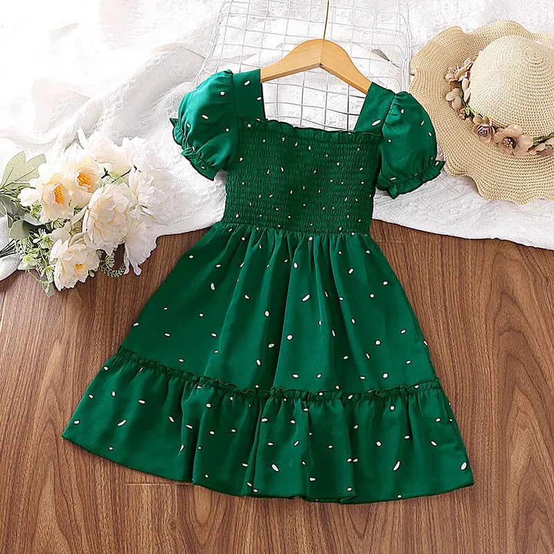 Dress Kids Girls Dark Green Cute Princess Dress 2-6 Years Short Sleeve Dress Square Collar Puff Sleeve Layered Dress ShopOnlyDeal