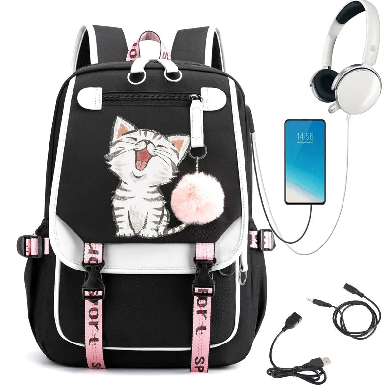 Travel Backpack Kawaii Cat Print | Schoolbag with USB Charging | Large Capacity Laptop Waterproof Bookbag | Fashion Backpack Bags ShopOnlyDeal