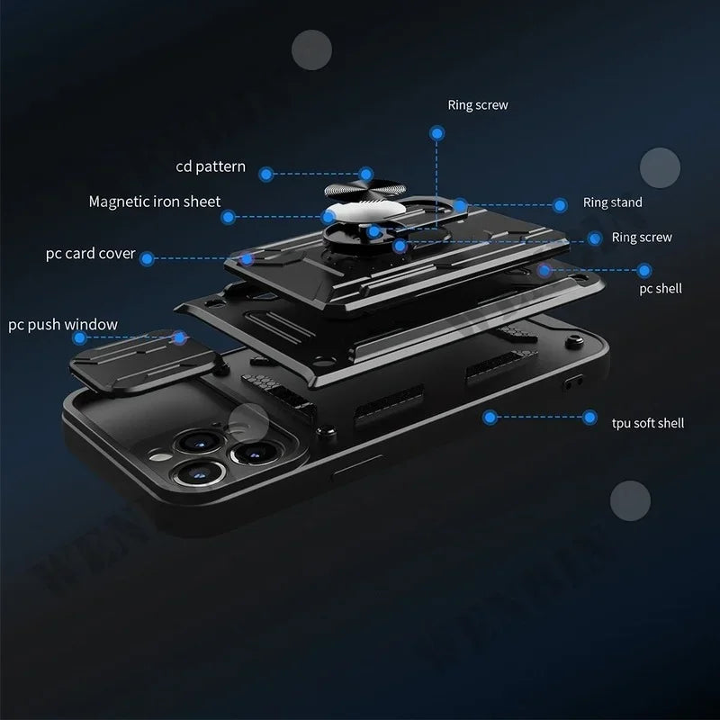 Case For iPhone 15 14 Pro Max 13 12 Pro Max XR X 8 7 Plus SE Slide Stand Ring Camera Military Grade Card Slot Cover ShopOnlyDeal