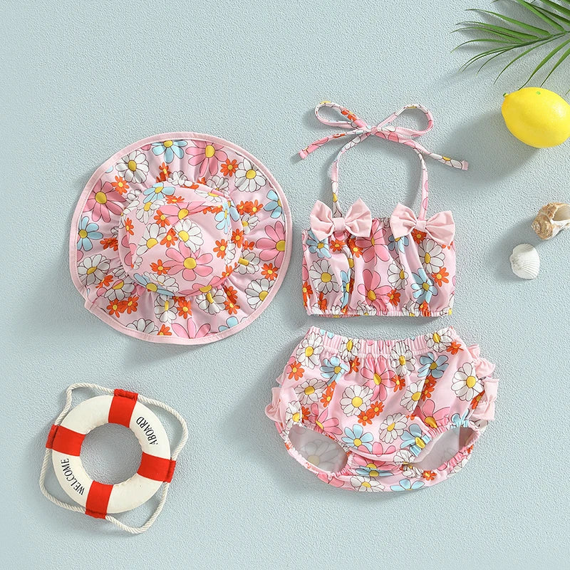 0-24Months Toddler Baby Girl 3pcs Swimsuits Summer Fruit Print Bandage Halter Sleeveless Tops Beach Shorts and Hat Sets ShopOnlyDeal