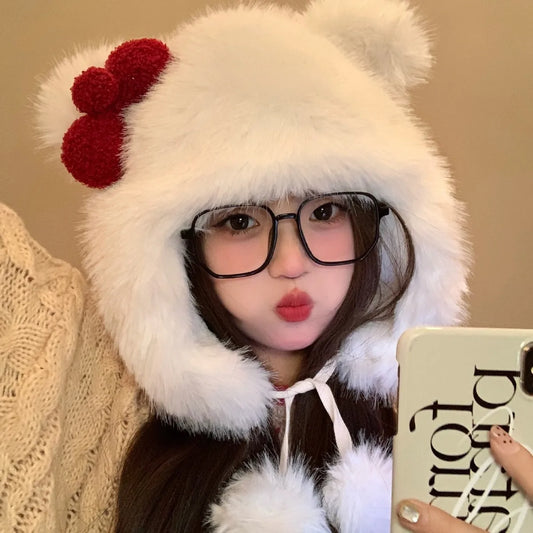 Korean Sweet Bow Plush Bomber Cap Winter Women Keep Warm Windproof Ear Protection Cute Pom-pom Beanie With Lace ShopOnlyDeal