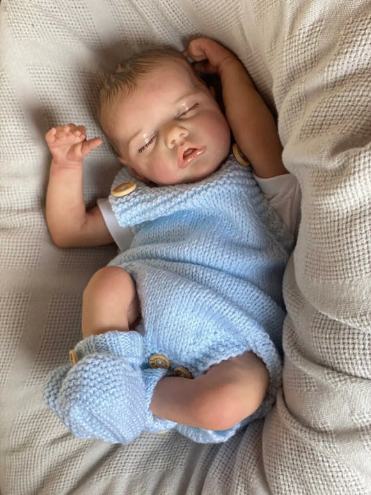 Newborn Baby Doll Reborn Sleeping Soft Silicone Flexible 3D Skin Tone with Visible Veins Hand Paint Hair Doll Blue Clothes Sets ShopOnlyDeal