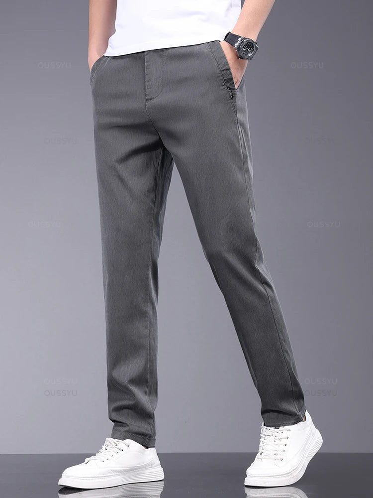 Spring Summer Soft Stretch Lyocell Fabric Men's Casual Pants Thin Slim Elastic Waist Business Grey Trousers Male ShopOnlyDeal