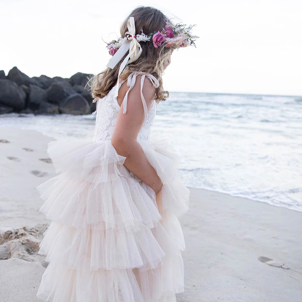 White Princess Dress | 2024 Sling Lace & Tulle Gown for Flower Girls | Birthday Party Layered Dress for 3-8 Years ShopOnlyDeal