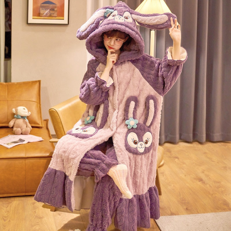 Kawaii Pajamas Women Warm Sweet Hooded Nightgown Winter Flannel Kawaii Home Clothes Female Cute Soft Chic Robes 2XL ShopOnlyDeal