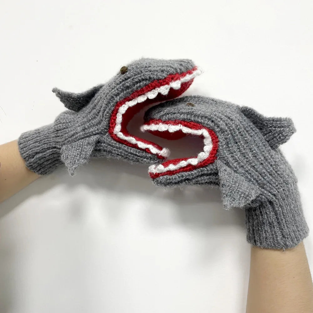 2 Pairs Autumn and winter newly designed  3D Christmas Shark gloves warm knit mittens ShopOnlyDeal