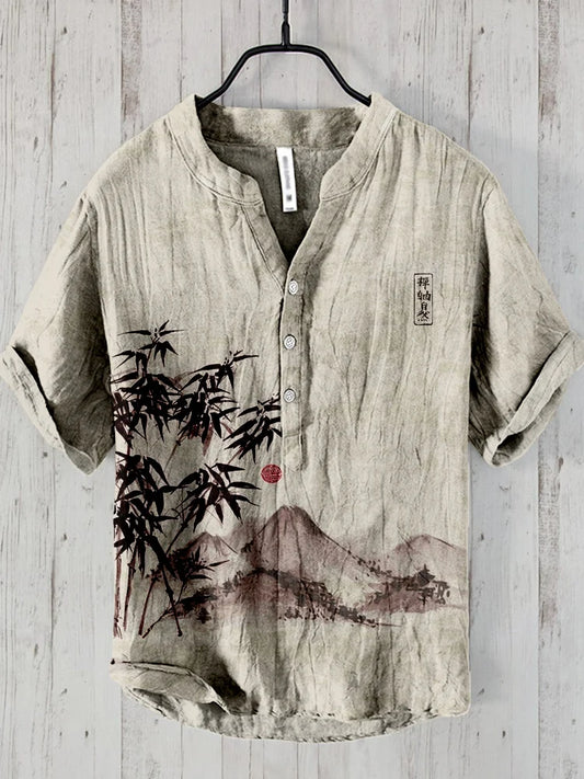 Summer japanese Art Print Vintage Henley Shirts Men's Casual Button-Down Short Sleeve v- neck T Shirt Man Tees Tops Clothing ShopOnlyDeal