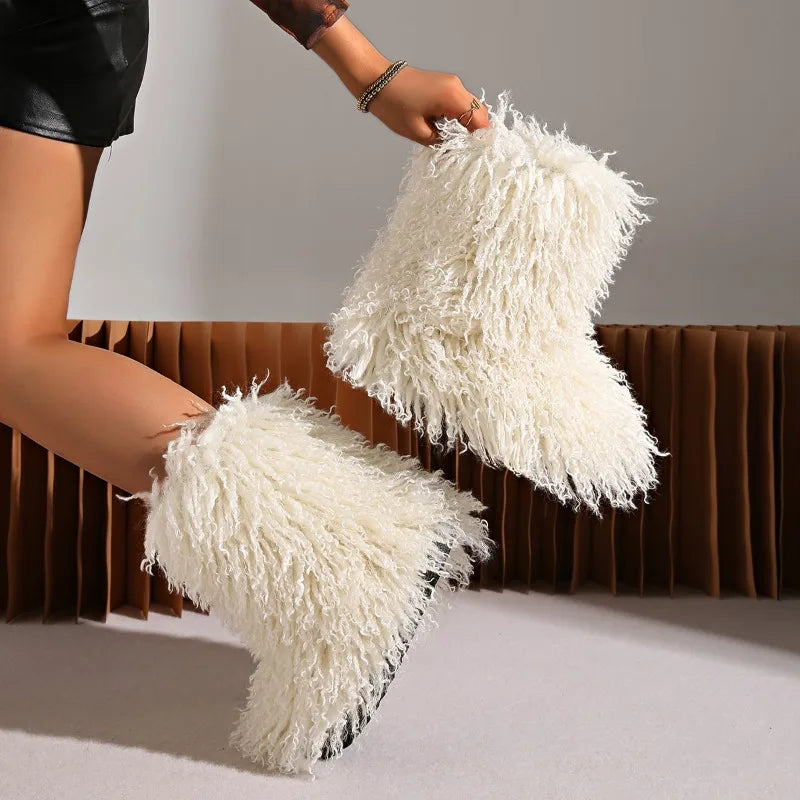 New Winter Boots Furry Shoes Women Teddy Fur Snow Boots Fluffy Warm Faux Wool Boot Plush Fashion Boots Ladies Mongolian Fur Boot ShopOnlyDeal