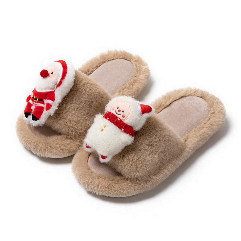 2023 Christmas Women'S Slippers Cute Cartoon Santa Claus Furry Slippers Wear Winter Soft Fluffy Home Slides Xmas Party Shoes ShopOnlyDeal