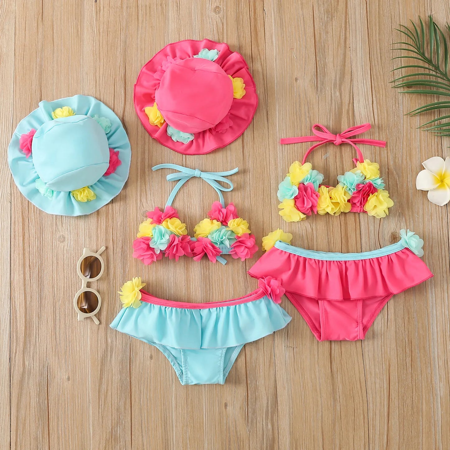 Infant Baby Girls Three-piece Bathing Suit, Flower Halter Neck Swimming Tops, Bottoms and Sun Protection Cap ShopOnlyDeal