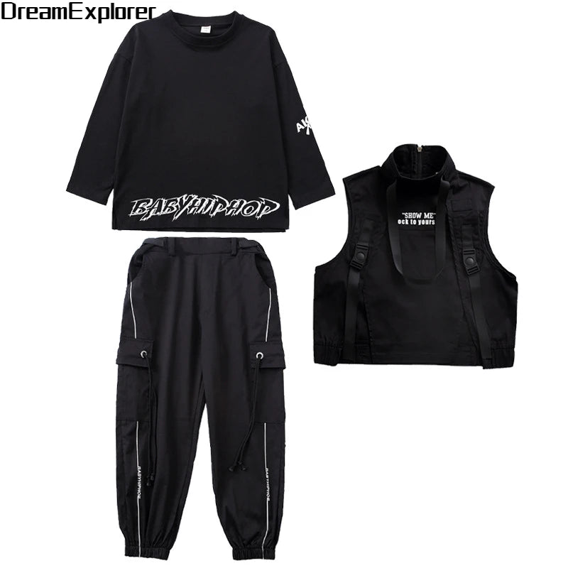 Boy Hip Hop & Girl High Collar Vest Cargo Pants Outfits | Child Sweatshirt Joggers Street Dance | Kids Waistcoat Streetwear Costumes ShopOnlyDeal