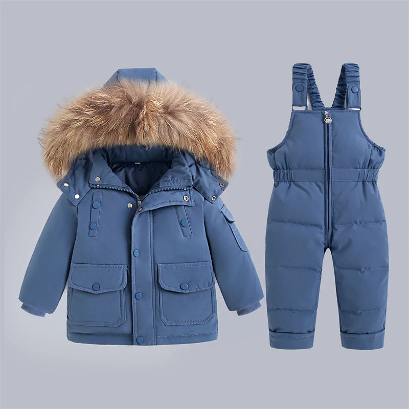 -30Degree Russia 2Pcs Set Children Winter Down Jacket and Jumpsuit Thicken Boy Girls Ski Suit Real Fur Collar Warm Kids Snowsuit ShopOnlyDeal