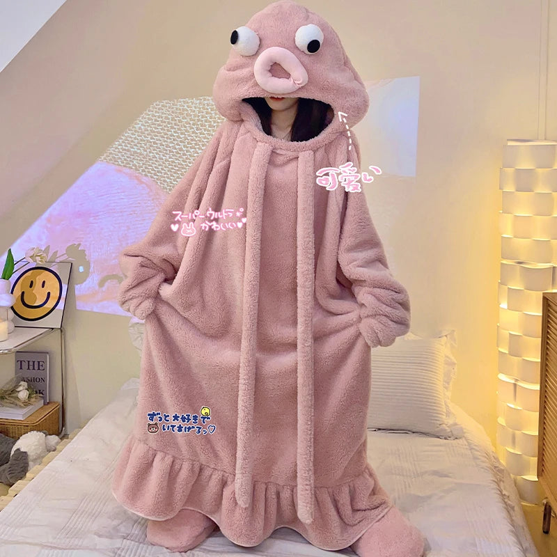 Winter Women's Sleeping Dress Robe Funny Octopus  Night-Robe Pijama Mujer Coral Velvet Pyjama Pour Femme Hooded Night Dress ShopOnlyDeal