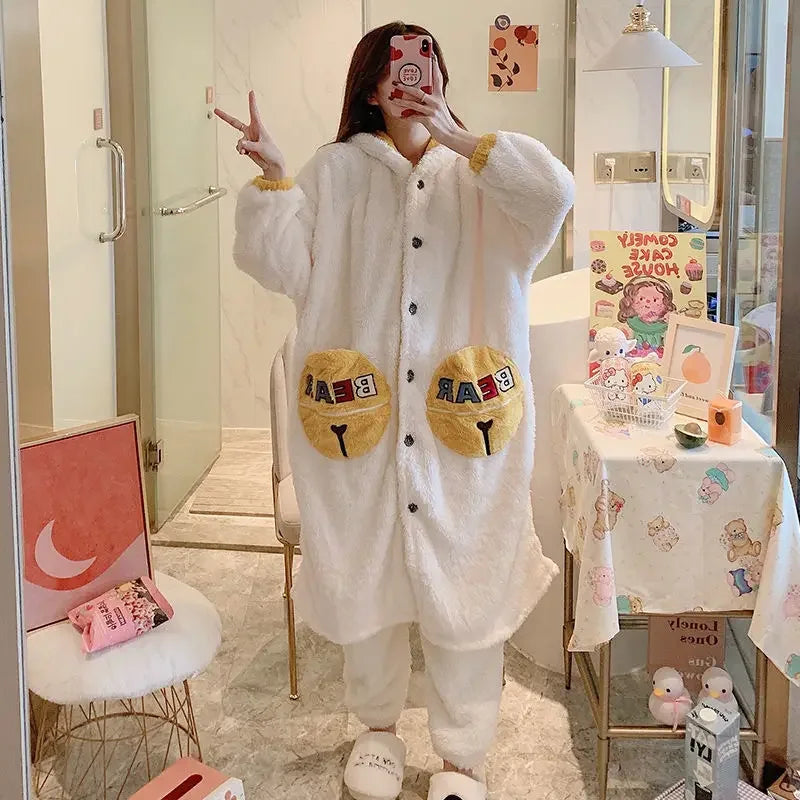 Pajama Sets Women Kawaii Flannel Warm Animal-ears Hat Loose Sleepwear Comfort Winter Thick Sweet Students Pajamas Long Sleeve ShopOnlyDeal