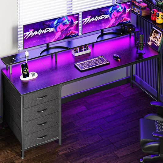 63 Inch and 55 Inch Computer Desk with Power Outlets and LED Lights, Gaming Desk with 4 Drawers, Office Desk with Monitor Stand ShopOnlyDeal