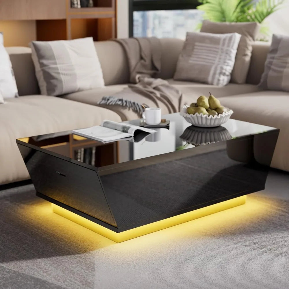 41" Black Modern Coffee Table with 12-Color LED Lights,High Gloss Contemporary Center Table with 2 Storage ShopOnlyDeal