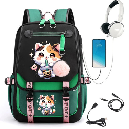 College Students Backpack Girl Travel School Backpack Fashion Leisure Bagpack Boba Anime Cat Laptop School Bags Usb Bookbags ShopOnlyDeal