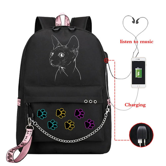 USB Charging School Bags for Teenage Girls | Sphynx Cat Kawaii School Backpack | Student Zipper Backpack Mochilas ShopOnlyDeal