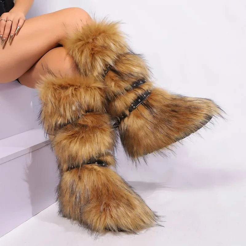 Y2K Grommet PU Leather Belt Fluffy Faux Fur Women's Bootos 2024 Winter Fashion Warm Platform Knee High Snow Boots Fuzzy Shoes ShopOnlyDeal