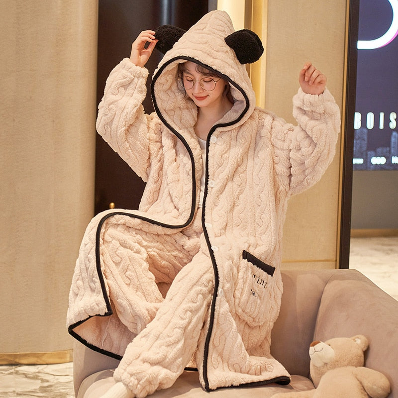 Kawaii Pajamas Women Warm Sweet Hooded Nightgown Winter Flannel Kawaii Home Clothes Female Cute Soft Chic Robes 2XL ShopOnlyDeal