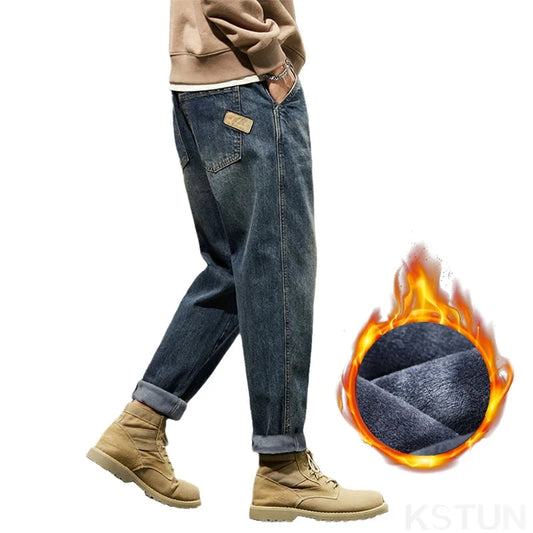 Winter Warm Jeans Men Harem Pants Loose Fit Fleece Jeans Thicken Vintage Blue Men's Trousers Clothing 2024 New Kpop Oversized 42 ShopOnlyDeal