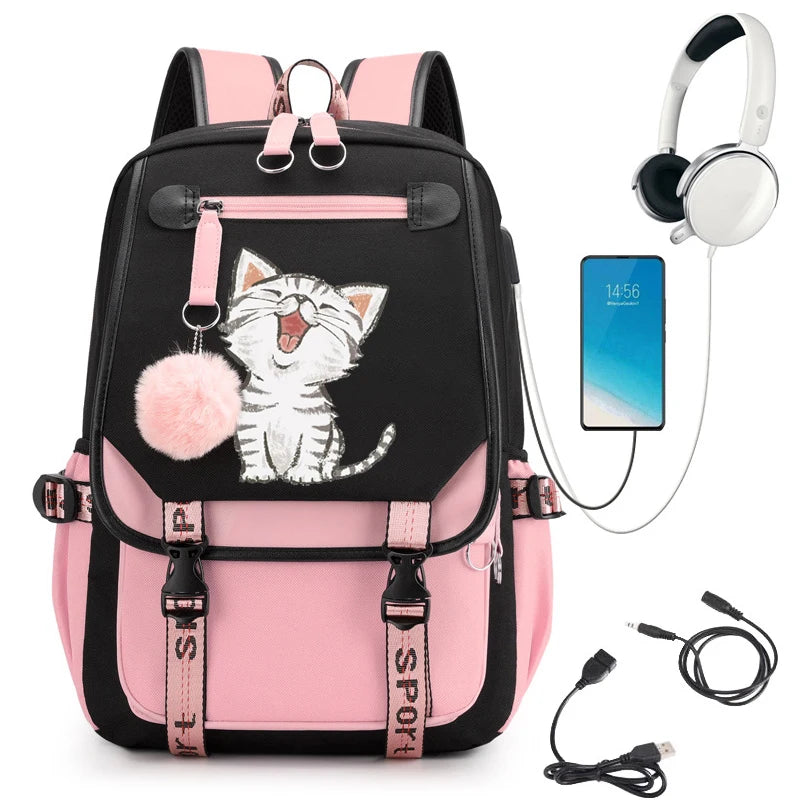 Travel Backpack Kawaii Cat Print | Schoolbag with USB Charging | Large Capacity Laptop Waterproof Bookbag | Fashion Backpack Bags ShopOnlyDeal