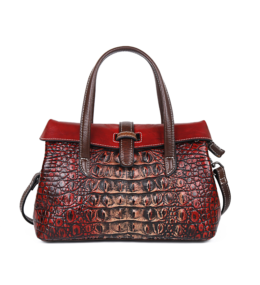 Handbag 2024 New Women’s Bag | First Layer Cowhide Embossed Crocodile Pattern Retro Shoulder & Messenger Bag